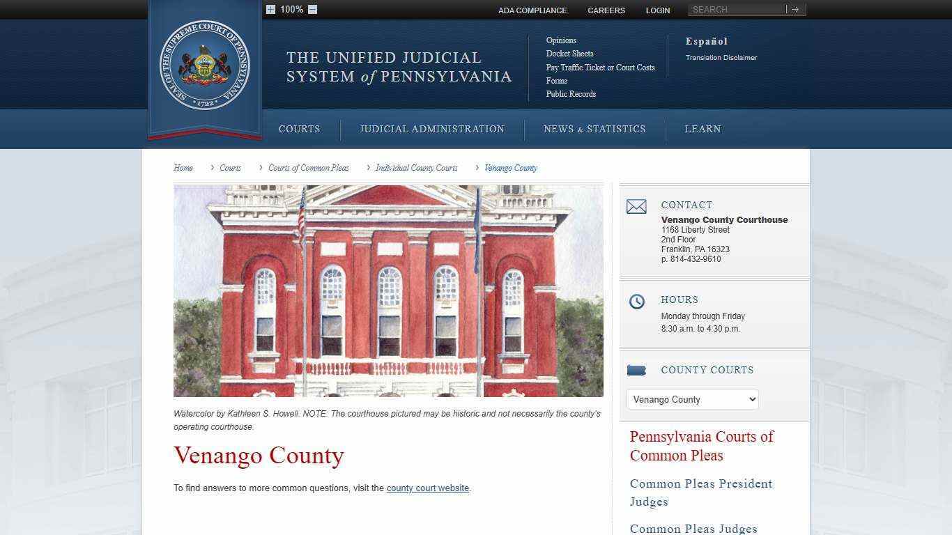 Venango County | Individual County Courts | Courts of Common Pleas | Courts | Unified Judicial System of Pennsylvania